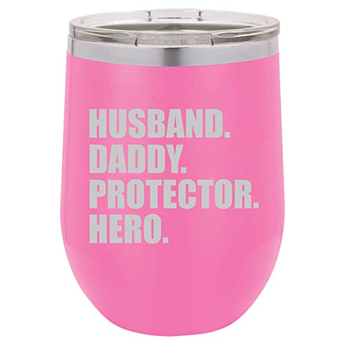 12 oz Double Wall Vacuum Insulated Stainless Steel Stemless Wine Tumbler Glass Coffee Travel Mug With Lid Husband Daddy Protector Hero Dad Father (Hot-Pink)