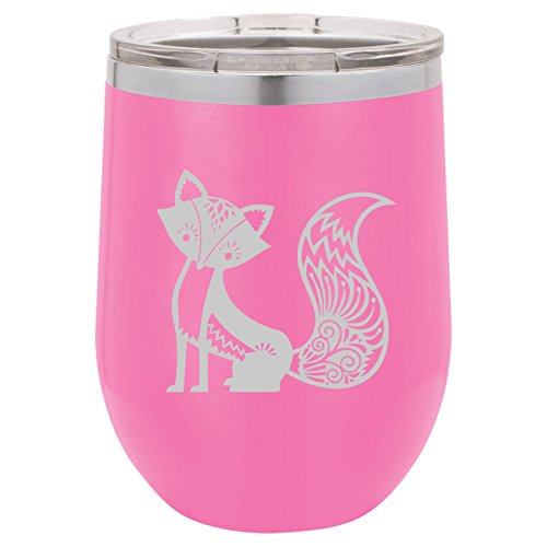 12 oz Double Wall Vacuum Insulated Stainless Steel Stemless Wine Tumbler Glass Coffee Travel Mug With Lid Fancy Fox (Hot-Pink)