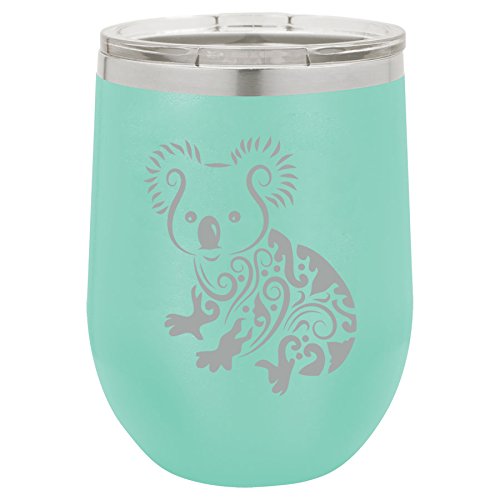 12 oz Double Wall Vacuum Insulated Stainless Steel Stemless Wine Tumbler Glass Coffee Travel Mug With Lid Fancy Koala Bear (Teal)