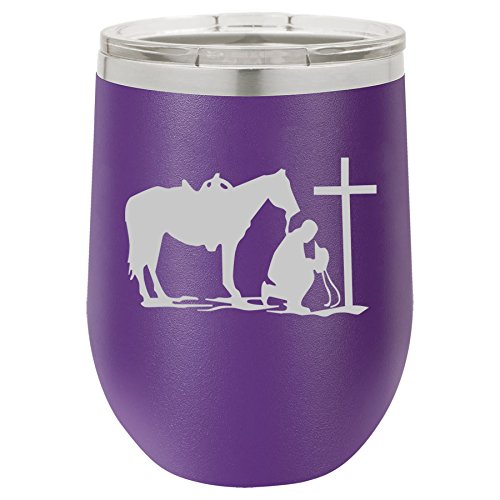 12 oz Double Wall Vacuum Insulated Stainless Steel Stemless Wine Tumbler Glass Coffee Travel Mug With Lid Cowboy Praying Cross Horse (Purple)