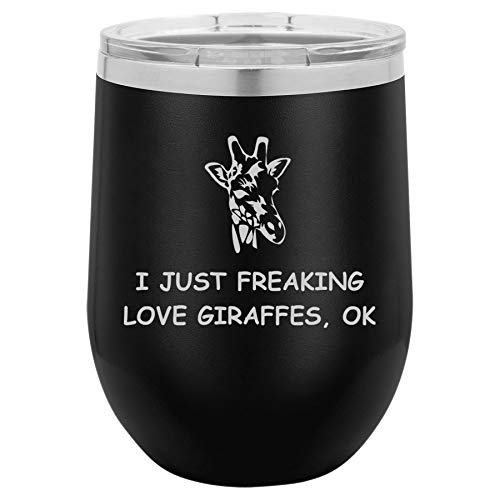 12 oz Double Wall Vacuum Insulated Stainless Steel Stemless Wine Tumbler Glass Coffee Travel Mug With Lid I Just Freaking Love Giraffes Funny (Black)