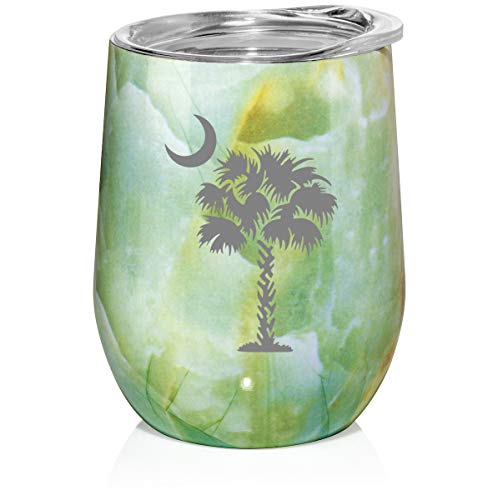 12 oz Double Wall Vacuum Insulated Stainless Steel Marble Stemless Wine Tumbler Glass Coffee Travel Mug With Lid Palmetto Tree South Carolina Palm Moon (Turquoise Green Marble)