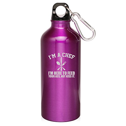 20oz Aluminum Sports Water Bottle Caribiner Clip Chef Here To Feed You (Purple)