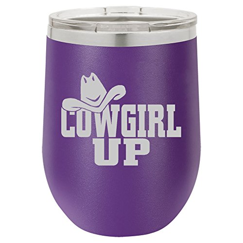 12 oz Double Wall Vacuum Insulated Stainless Steel Stemless Wine Tumbler Glass Coffee Travel Mug With Lid Cowgirl Up With Hat (Purple)