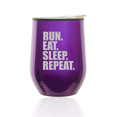 Stemless Wine Tumbler Coffee Travel Mug Glass With Lid Run Eat Sleep Repeat (Royal Purple)