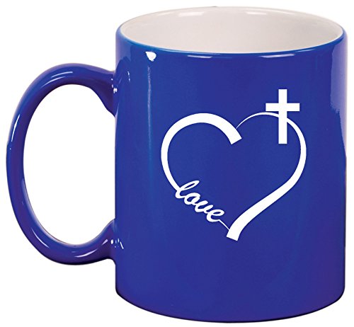 Ceramic Coffee Tea Mug Cup Love Heart Cross Christian (Blue)