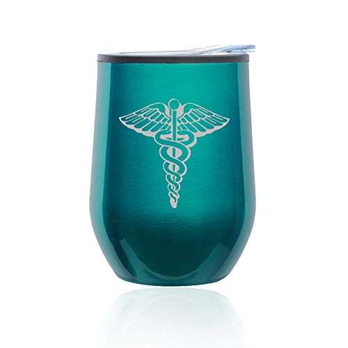 Stemless Wine Tumbler Coffee Travel Mug Glass With Lid Medical Symbol Caduceus Physician (Turquoise Teal)