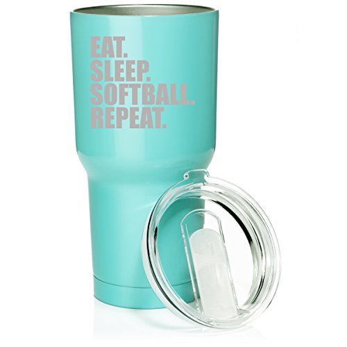 30 oz. Tumbler Stainless Steel Vacuum Insulated Travel Mug Eat Sleep Softball Repeat (Light Blue)