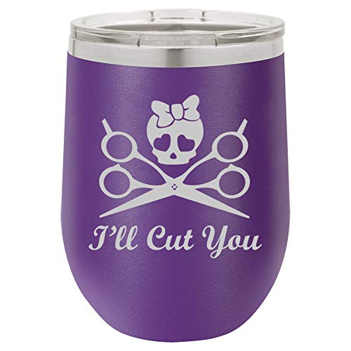 12 oz Double Wall Vacuum Insulated Stainless Steel Stemless Wine Tumbler Glass Coffee Travel Mug With Lid I'll Cut You Hair Dresser Stylist (Purple)