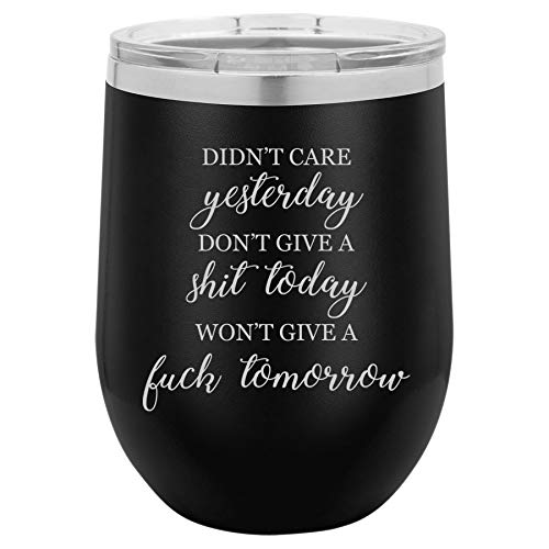 12 oz Double Wall Vacuum Insulated Stainless Steel Stemless Wine Tumbler Glass Coffee Travel Mug With Lid Didn't Care Yesterday Don't Give A Sht Today Won't Give A Fck Tomorrow Funny (Black)