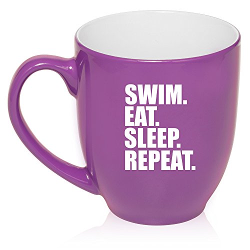 16 oz Large Bistro Mug Ceramic Coffee Tea Glass Cup Swim Eat Sleep Repeat (Purple)