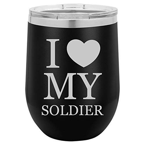 12 oz Double Wall Vacuum Insulated Stainless Steel Stemless Wine Tumbler Glass Coffee Travel Mug With Lid I Love My Soldier (Black)