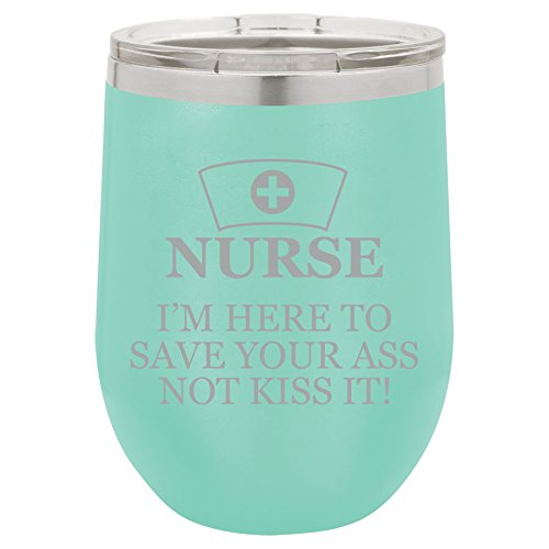 12 oz Double Wall Vacuum Insulated Stainless Steel Stemless Wine Tumbler Glass Coffee Travel Mug With Lid Nurse Here To Save You (Teal)