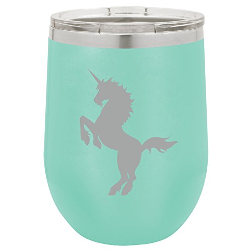 12 oz Double Wall Vacuum Insulated Stainless Steel Stemless Wine Tumbler Glass Coffee Travel Mug With Lid Unicorn (Teal)