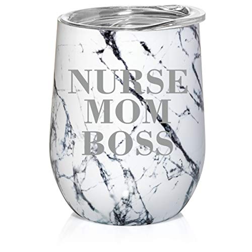 12 oz Double Wall Vacuum Insulated Stainless Steel Marble Stemless Wine Tumbler Glass Coffee Travel Mug With Lid Nurse Mom Boss (Black White Marble)