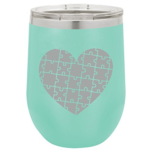 12 oz Double Wall Vacuum Insulated Stainless Steel Stemless Wine Tumbler Glass Coffee Travel Mug With Lid Heart Puzzle Autism (Teal)