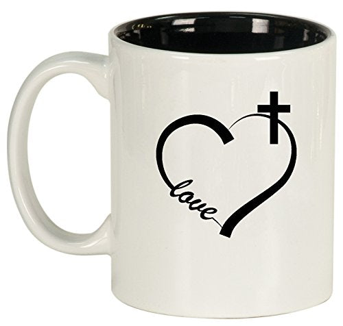 Ceramic Coffee Tea Mug Cup Love Heart Cross Christian (White)