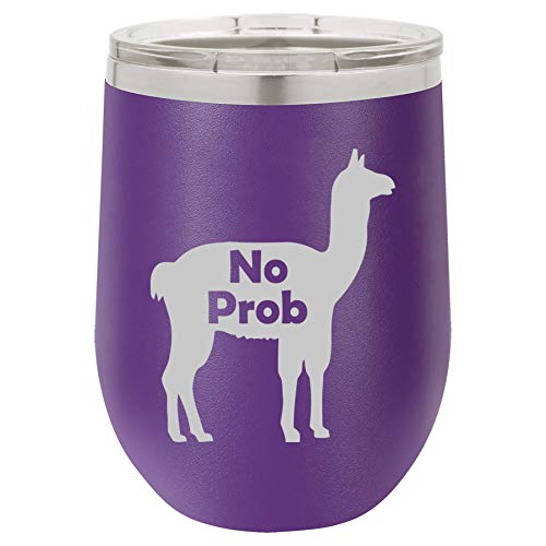 12 oz Double Wall Vacuum Insulated Stainless Steel Stemless Wine Tumbler Glass Coffee Travel Mug With Lid No Prob Llama Funny (Purple)