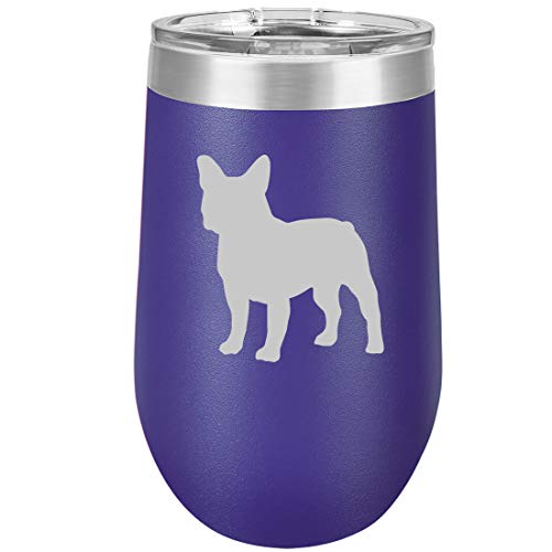 16 oz Double Wall Vacuum Insulated Stainless Steel Stemless Wine Tumbler Glass Coffee Travel Mug With Lid French Bulldog (Purple)