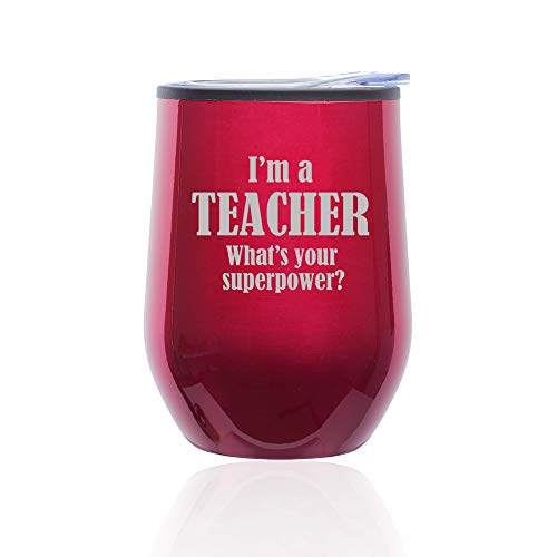 Stemless Wine Tumbler Coffee Travel Mug Glass With Lid Teacher Superpower (Fuchsia)