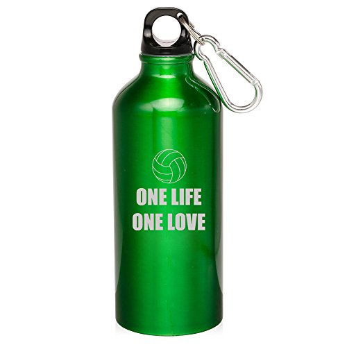 20oz Aluminum Sports Water Bottle Caribiner Clip One Life Volleyball (Green)