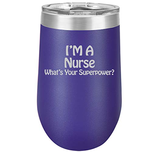 16 oz Double Wall Vacuum Insulated Stainless Steel Stemless Wine Tumbler Glass Coffee Travel Mug With Lid Nurse Super Power (Purple)