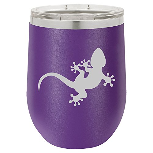 12 oz Double Wall Vacuum Insulated Stainless Steel Stemless Wine Tumbler Glass Coffee Travel Mug With Lid Gecko Lizard (Purple)