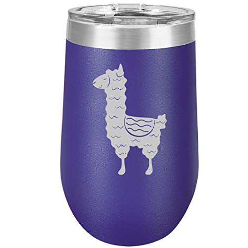 16 oz Double Wall Vacuum Insulated Stainless Steel Stemless Wine Tumbler Glass Coffee Travel Mug With Lid Cute Llama (Purple)