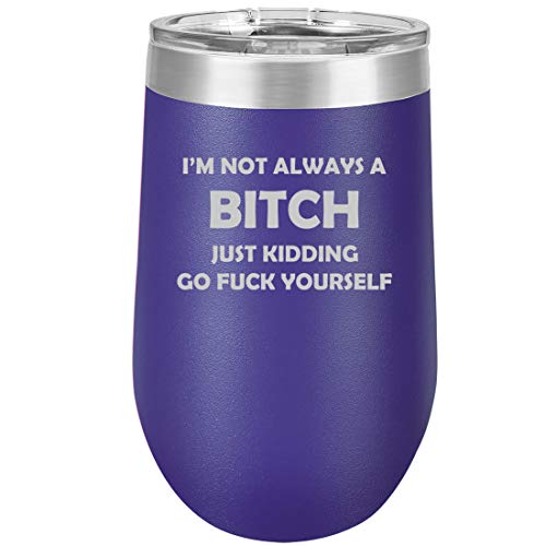 16 oz Double Wall Vacuum Insulated Stainless Steel Stemless Wine Tumbler Glass Coffee Travel Mug With Lid I'm Not Always A Btch Just Kidding Funny (Purple)