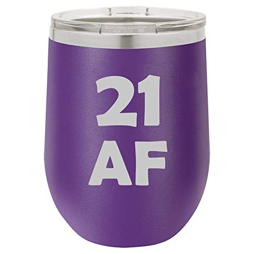 12 oz Double Wall Vacuum Insulated Stainless Steel Stemless Wine Tumbler Glass Coffee Travel Mug With Lid 21 AF 21st Birthday Funny (Purple)