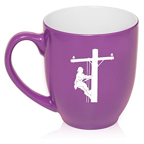 16 oz Large Bistro Mug Ceramic Coffee Tea Glass Cup Lineman Electric Pole Climber (Purple)