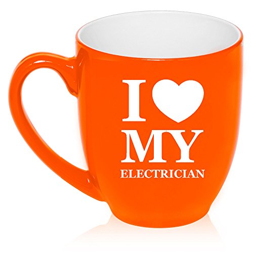16 oz Large Bistro Mug Ceramic Coffee Tea Glass Cup I Love Heart My Electrician (Orange)