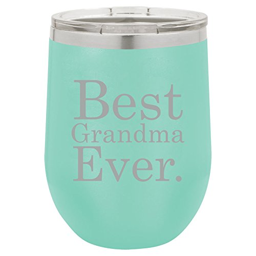 12 oz Double Wall Vacuum Insulated Stainless Steel Stemless Wine Tumbler Glass Coffee Travel Mug With Lid Best Grandma Ever (Teal)