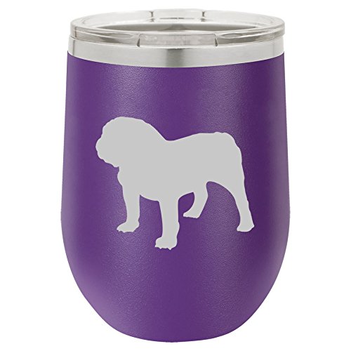 12 oz Double Wall Vacuum Insulated Stainless Steel Stemless Wine Tumbler Glass Coffee Travel Mug With Lid Bulldog (Purple)