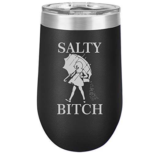 16 oz Double Wall Vacuum Insulated Stainless Steel Stemless Wine Tumbler Glass Coffee Travel Mug With Lid Salty Btch Funny (Black)