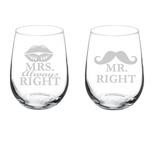 Set of 2 Wine Glasses Funny Wedding Married Couple Mr. Right Mrs. Always Right (17 oz Stemless)