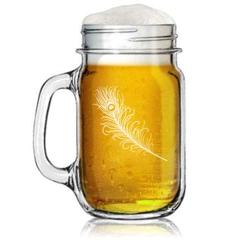 16oz Mason Jar Glass Mug w/Handle Peacock Feather