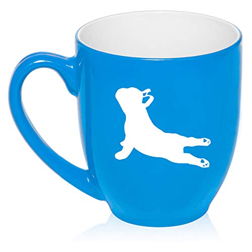 16 oz Large Bistro Mug Ceramic Coffee Tea Glass Cup French Bulldog Yoga (Light-Blue)