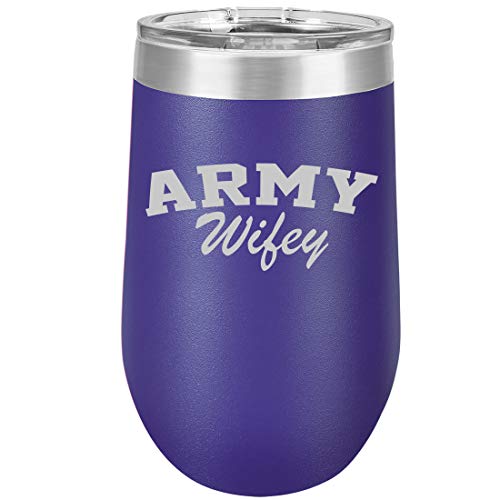16 oz Double Wall Vacuum Insulated Stainless Steel Stemless Wine Tumbler Glass Coffee Travel Mug With Lid Army Wifey (Purple)