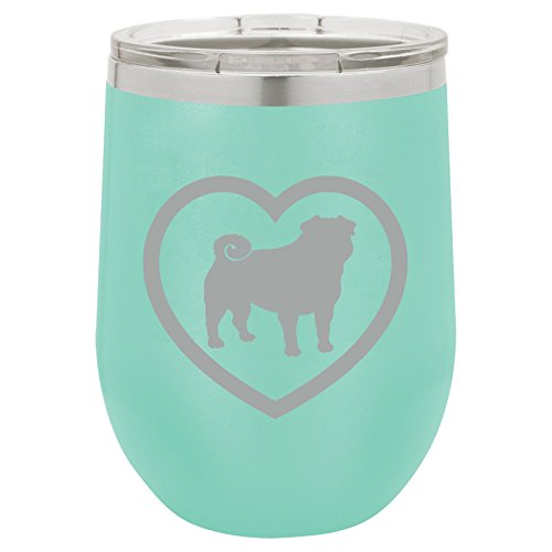 12 oz Double Wall Vacuum Insulated Stainless Steel Stemless Wine Tumbler Glass Coffee Travel Mug With Lid Pug Heart (Teal)