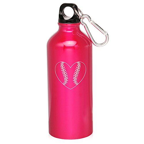 20oz Aluminum Sports Water Bottle Caribiner Clip Heart Baseball (Hot Pink)