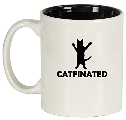 Ceramic Coffee Tea Mug Cup Catfinated Funny Cat Caffeine (White)
