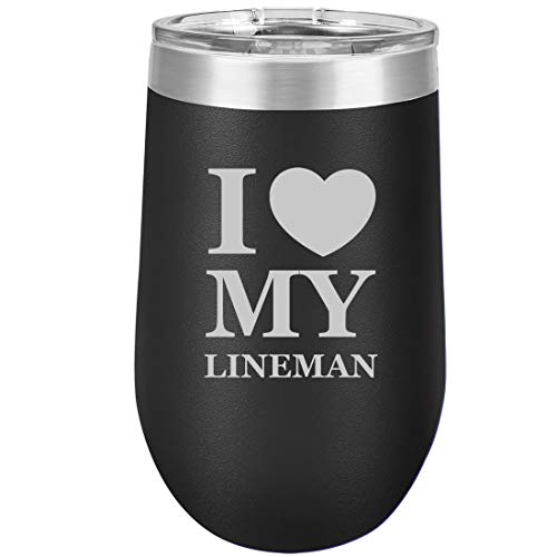 16 oz Double Wall Vacuum Insulated Stainless Steel Stemless Wine Tumbler Glass Coffee Travel Mug With Lid I Love Heart My Lineman