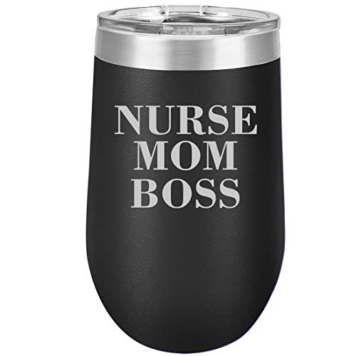 16 oz Double Wall Vacuum Insulated Stainless Steel Stemless Wine Tumbler Glass Coffee Travel Mug With Lid Nurse Mom (Black)