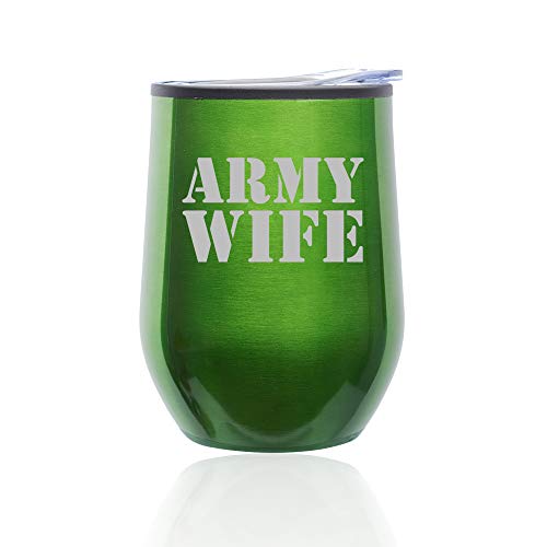 Stemless Wine Tumbler Coffee Travel Mug Glass With Lid Army Wife (Green)