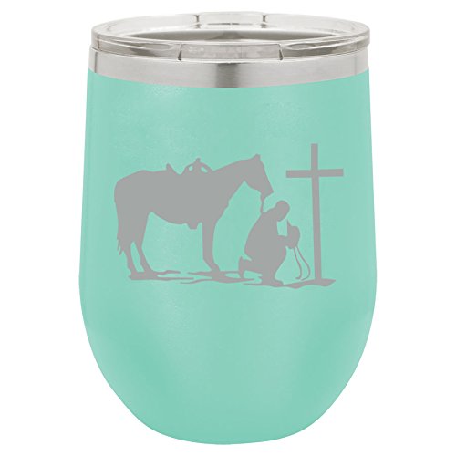 12 oz Double Wall Vacuum Insulated Stainless Steel Stemless Wine Tumbler Glass Coffee Travel Mug With Lid Cowboy Praying Cross Horse (Teal)