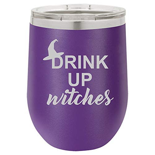 12 oz Double Wall Vacuum Insulated Stainless Steel Stemless Wine Tumbler Glass Coffee Travel Mug With Lid Drink Up Witches Funny Halloween (Purple)