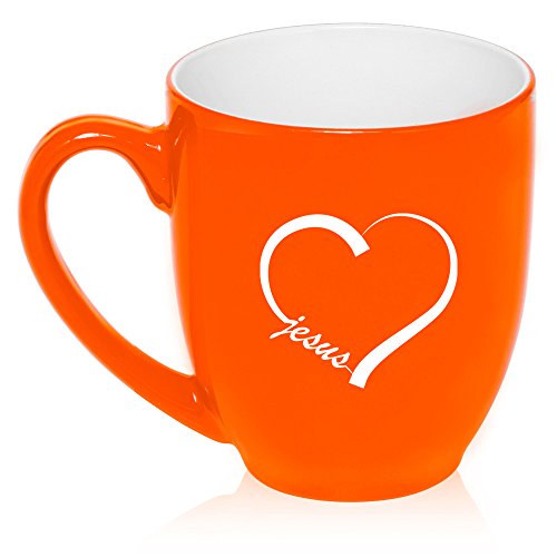 16 oz Large Bistro Mug Ceramic Coffee Tea Glass Cup Love Heart Jesus (Orange)