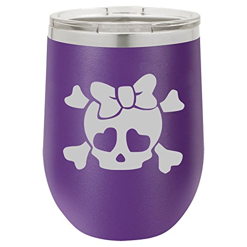 12 oz Double Wall Vacuum Insulated Stainless Steel Stemless Wine Tumbler Glass Coffee Travel Mug With Lid Heart Skull Bow (Purple)