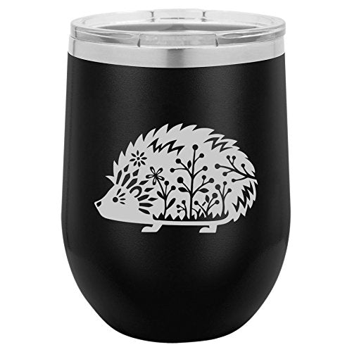 12 oz Double Wall Vacuum Insulated Stainless Steel Stemless Wine Tumbler Glass Coffee Travel Mug With Lid Fancy Hedgehog (Black)